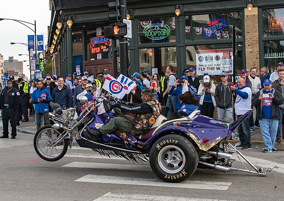 Motorcycle fan outside of Wrigley Field