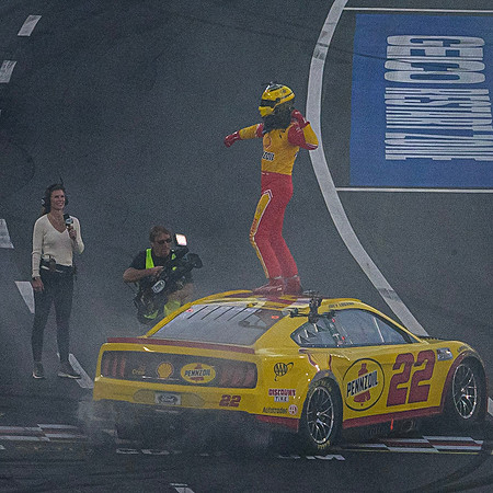Joey Logano celebrates his win at The Nascar Clash at the LA Coliseum on 2/6/22